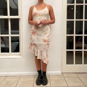 Vintage 90s cream floral mesh overlay cami slip on dress with dress underlay